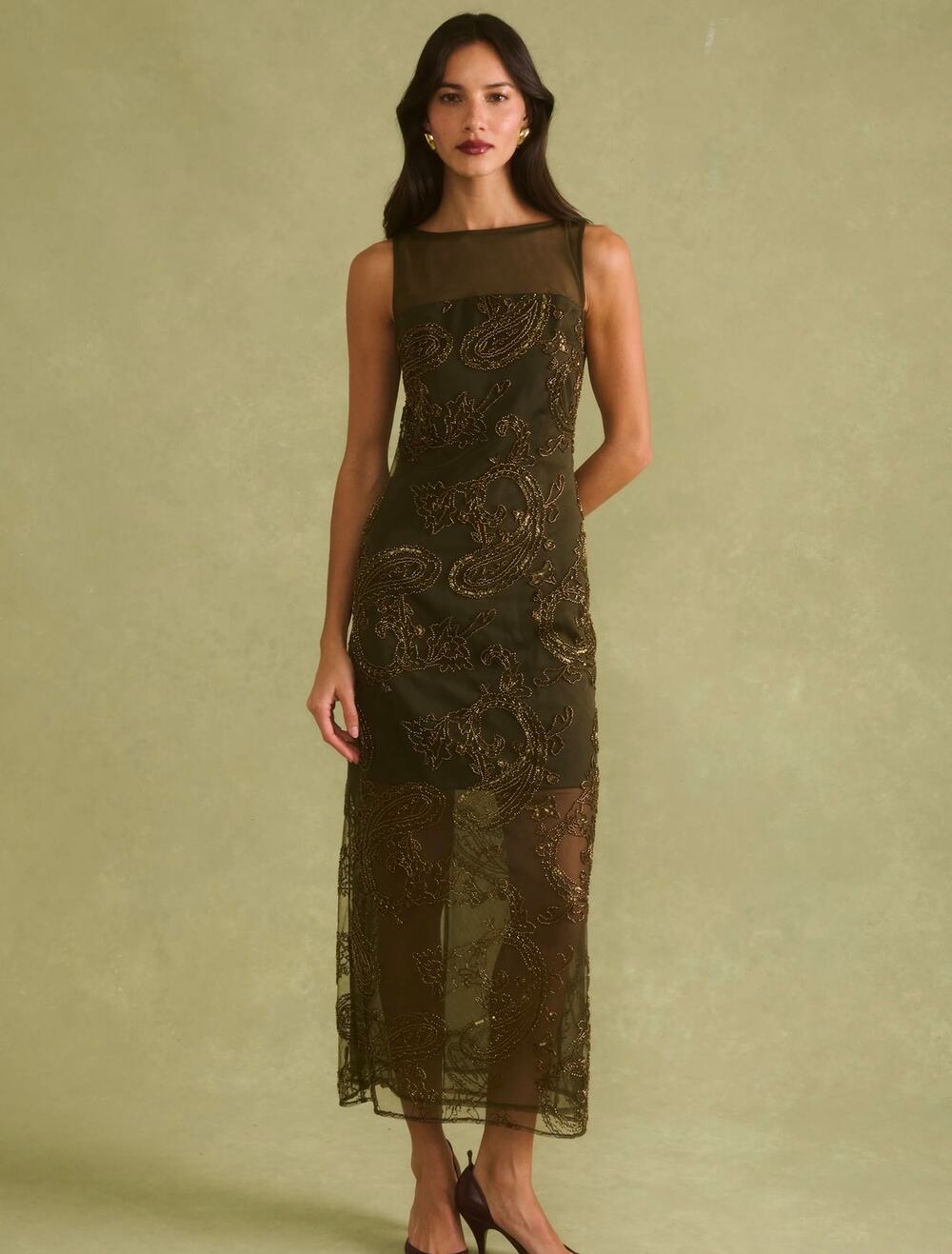 Sorella Atelier Ora beaded dress olive paisley $270 sz 0